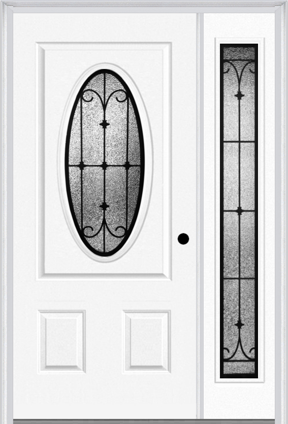 MMI SMALL OVAL 2 PANEL 3'0" X 6'8" FIBERGLASS SMOOTH CHATEAU WROUGHT IRON EXTERIOR PREHUNG DOOR WITH 1 FULL LITE CHATEAU WROUGHT IRON DECORATIVE GLASS SIDELIGHT 949